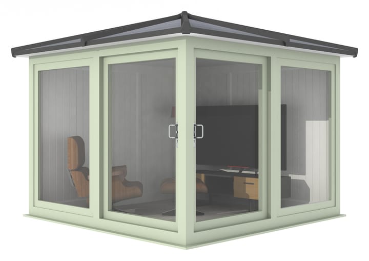 This Nordic Madison Corner Hipped is the 2.7m x 2.7m model in optional Chartwell Green finish. Other optional upgrades for this building as shown are the tile effect roof and vinyl flooring.

All Nordic Madisons have two large sliding door to the front adjacent sections, providing easy access to the building.