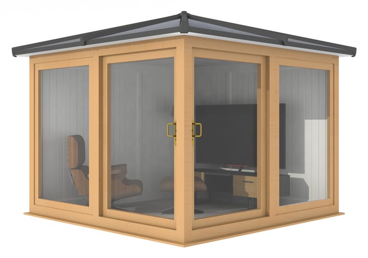 This Nordic Madison Corner Hipped is the 2.7m x 2.7m model in optional Irish Oak finish. Other optional upgrades for this building as shown are the tile effect roof and vinyl flooring.

All Nordic Madisons have two large sliding door to the front adjacent sections, providing easy access to the building.