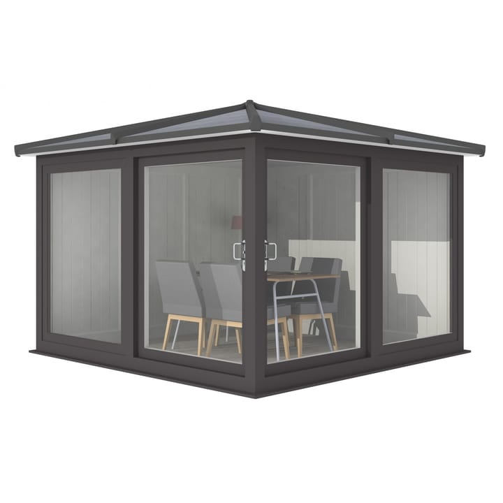 This Nordic Madison Corner Hipped is the 3m x 3m model in optional Black finish. Other optional upgrades for this building as shown are the tile effect roof and vinyl flooring.

All Nordic Madisons have two large sliding door to the front adjacent sections, providing easy access to the building.