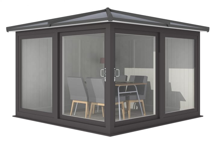 This Nordic Madison Corner Hipped is the 3m x 3m model in optional Black finish. Other optional upgrades for this building as shown are the tile effect roof and vinyl flooring.

All Nordic Madisons have two large sliding door to the front adjacent sections, providing easy access to the building.