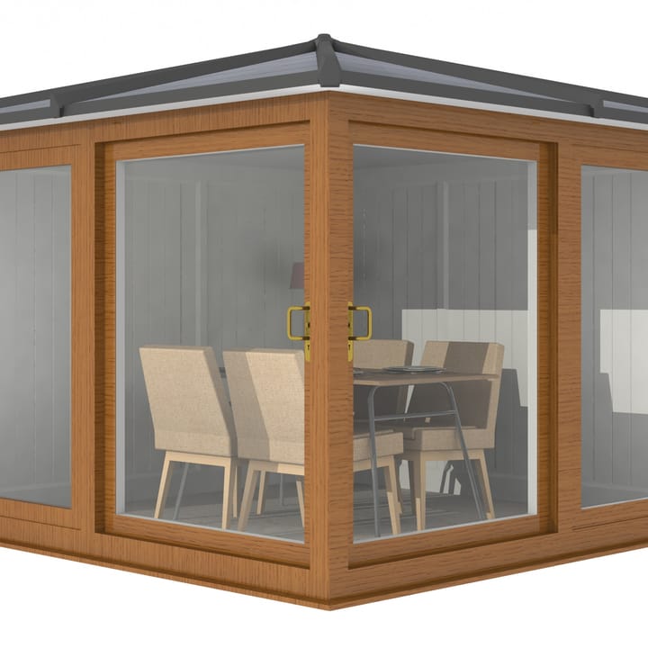 This Nordic Madison Corner Hipped is the 3m x 3m model in optional Golden Oak finish. Other optional upgrades for this building as shown are the tile effect roof and vinyl flooring.

All Nordic Madisons have two large sliding door to the front adjacent sections, providing easy access to the building.