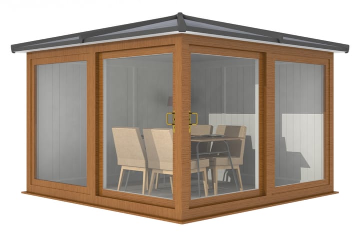 This Nordic Madison Corner Hipped is the 3m x 3m model in optional Golden Oak finish. Other optional upgrades for this building as shown are the tile effect roof and vinyl flooring.

All Nordic Madisons have two large sliding door to the front adjacent sections, providing easy access to the building.