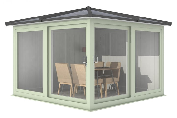 This Nordic Madison Corner Hipped is the 3m x 3m model in optional Chartwell Green finish. Other optional upgrades for this building as shown are the tile effect roof and vinyl flooring.

All Nordic Madisons have two large sliding door to the front adjacent sections, providing easy access to the building.