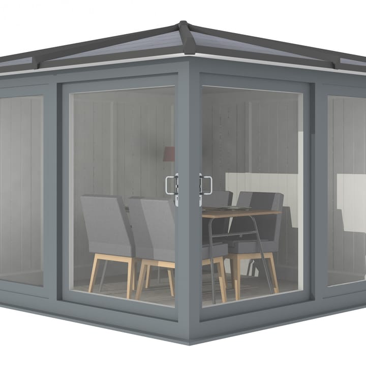 This Nordic Madison Corner Hipped is the 3m x 3m model in optional Grey finish. Other optional upgrades for this building as shown are the tile effect roof and vinyl flooring.

All Nordic Madisons have two large sliding door to the front adjacent sections, providing easy access to the building.