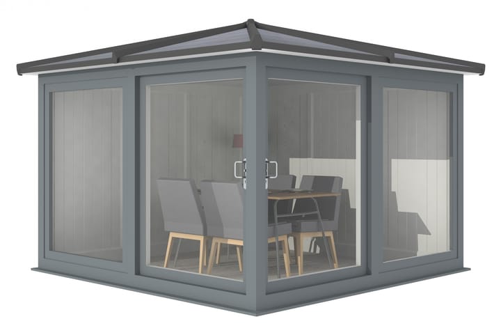 Nordic Madison Corner Hipped 3m x 3m Ultimate Package in Grey. 

The ultimate package includes a tile effect roof, vinyl flooring and a concrete base installed by a dedicated team of experts.