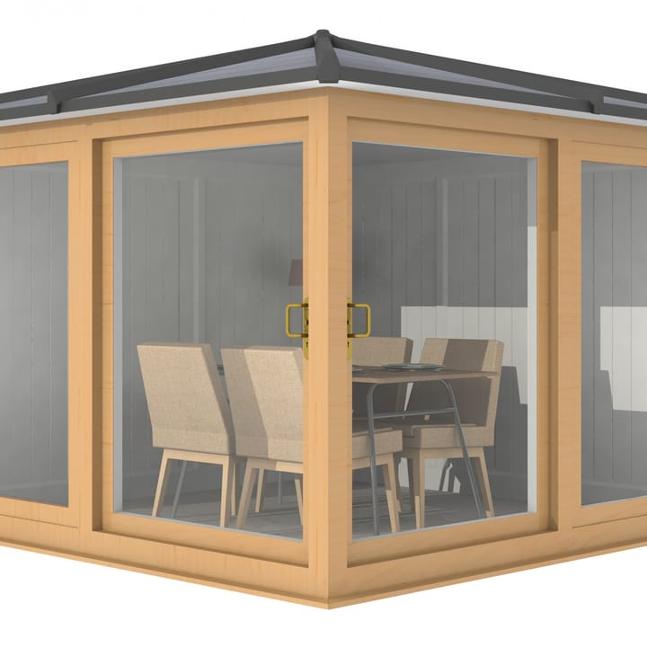 This Nordic Madison Corner Hipped is the 3m x 3m model in optional Irish Oak finish. Other optional upgrades for this building as shown are the tile effect roof and vinyl flooring.

All Nordic Madisons have two large sliding door to the front adjacent sections, providing easy access to the building.