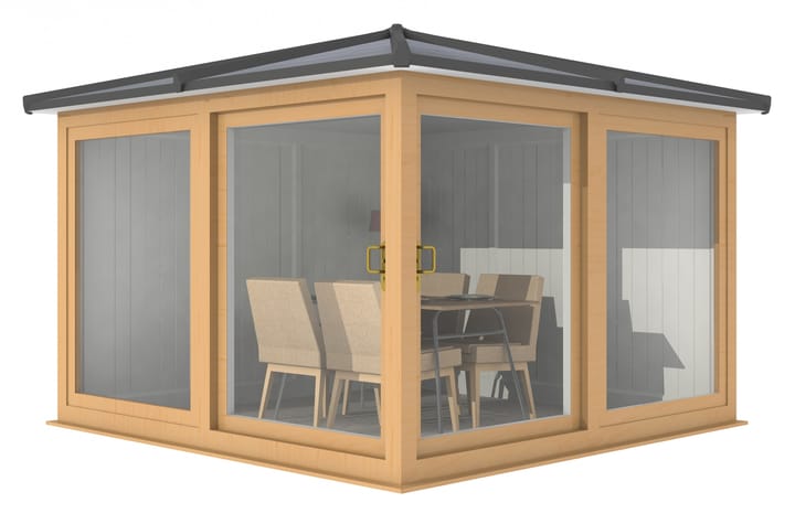 This Nordic Madison Corner Hipped is the 3m x 3m model in optional Irish Oak finish. Other optional upgrades for this building as shown are the tile effect roof and vinyl flooring.

All Nordic Madisons have two large sliding door to the front adjacent sections, providing easy access to the building.