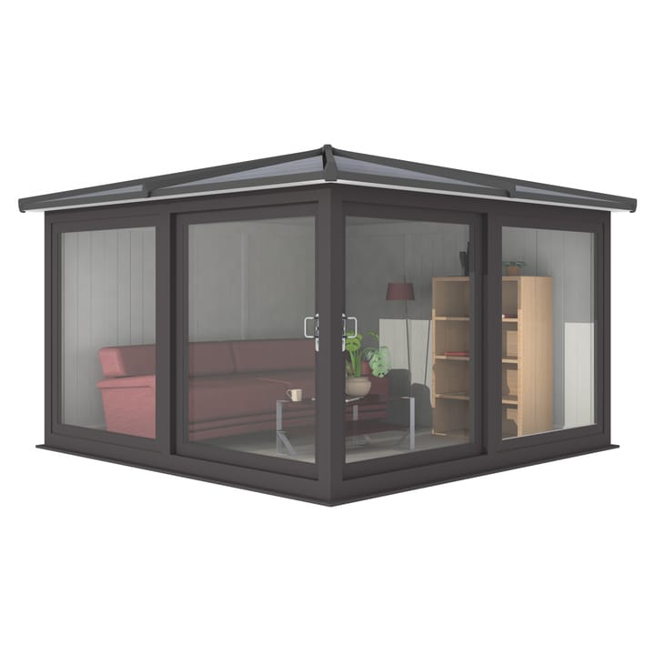 This Nordic Madison Corner Hipped is the 3.3m x 3.3m model in optional Black finish. Other optional upgrades for this building as shown are the tile effect roof and vinyl flooring.

All Nordic Madisons have two large sliding door to the front adjacent sections, providing easy access to the building.