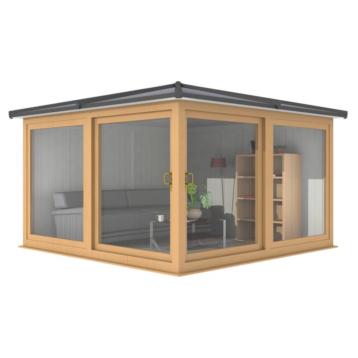 This Nordic Madison Corner Hipped is the 3.3m x 3.3m model in optional Irish Oak finish. Other optional upgrades for this building as shown are the tile effect roof and vinyl flooring.

All Nordic Madisons have two large sliding door to the front adjacent sections, providing easy access to the building.