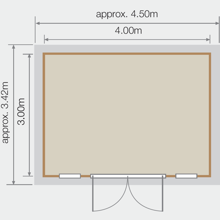 Lillevilla Pavilion 4m x 3m Log Cabin floor plan. Grey areas indicate roof overhang