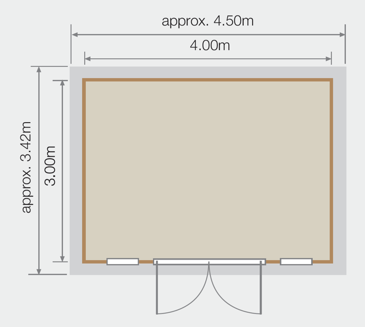 Lillevilla Pavilion 4m x 3m Log Cabin floor plan. Grey areas indicate roof overhang