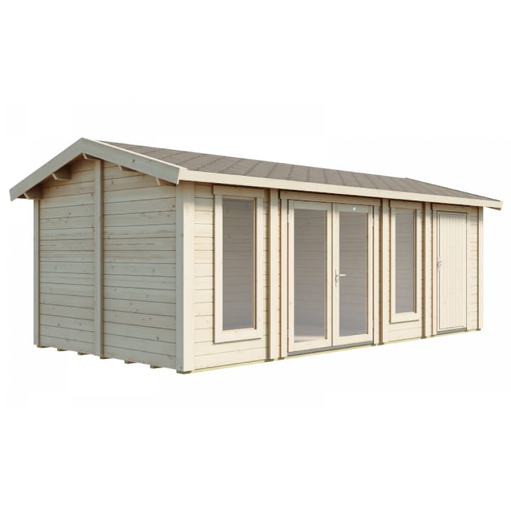 This Lillevilla Pavilion log cabin is 6m x 3m deep. The building includes a felt shingle roof and double glazed windows as standard. A partition wall and external shed door is also included as standard.
