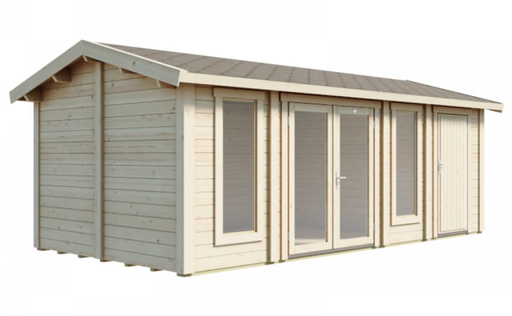 This Lillevilla Pavilion log cabin is 6m x 3m deep. The building includes a felt shingle roof and double glazed windows as standard. A partition wall and external shed door is also included as standard.