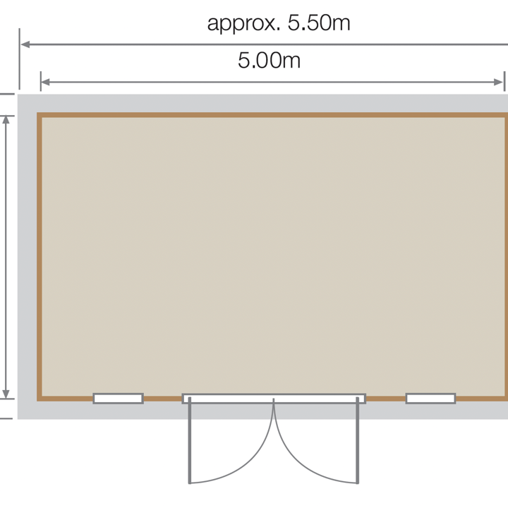 Lillevilla Pavilion Log Cabin floor plan. Grey areas indicate roof overhang