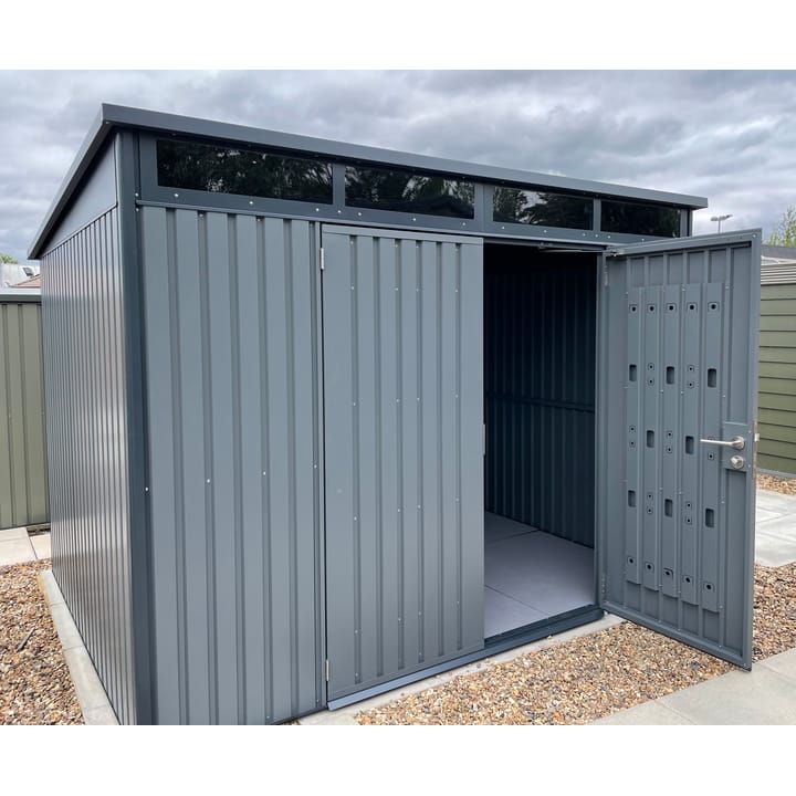 10 x 8 HEX Hixon shed in Anthracite Grey. The Hixon features double opening doors to the front. The doors include an integrated organisation panel, ideal for hanging garden tools. Transom windows run the width of the building above the doors, allowing light through. The Hixon is also available in Sage Green.