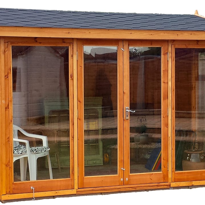 This 10ft x 8ft Studio Pavilion is constructed in Redwood cladding, one of 5 cladding options. Other cladding choices include; pressure treated redwood, cedar, heavy duty redwood and heavy duty pressure treated redwood. Also pictured here is the optional black felt tiled roof.