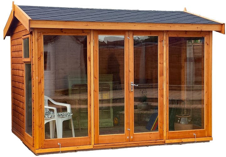 This 10ft x 8ft Studio Pavilion is constructed in Redwood cladding, one of 5 cladding options. Other cladding choices include; pressure treated redwood, cedar, heavy duty redwood and heavy duty pressure treated redwood. Also pictured here is the optional black felt tiled roof.
