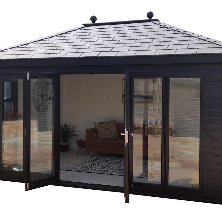 14ft x 10ft Malvern Studio Hipped painted in Black optional painted finish, with optional painted mdf lining and insulation, a deluxe laminate floor and slate effect tiled roof.