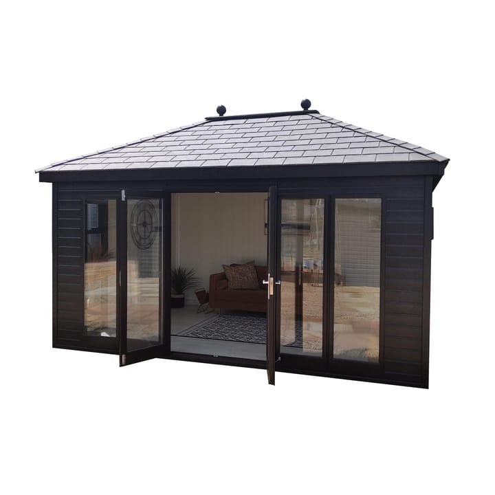 14ft x 10ft Malvern Studio Hipped painted in Black optional painted finish, with optional painted mdf lining and insulation, a deluxe laminate floor and slate effect tiled roof.