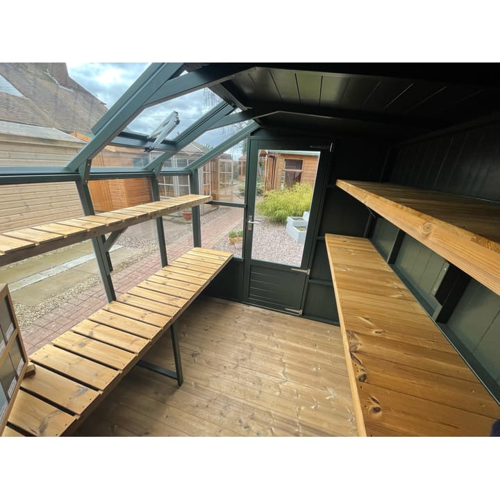 As standard the Jay includes Staging to the front and 2 x shelves at the rear. There is the option of an extra shelf at the front of the potting shed to go above the Staging (this can be selected from the options)