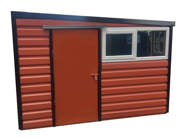 This Lifelong Pent is 10ft wide x 7ft deep and is finished in Terracotta colour. The door can be positioned on either the left or the right and can be hinged on either side.