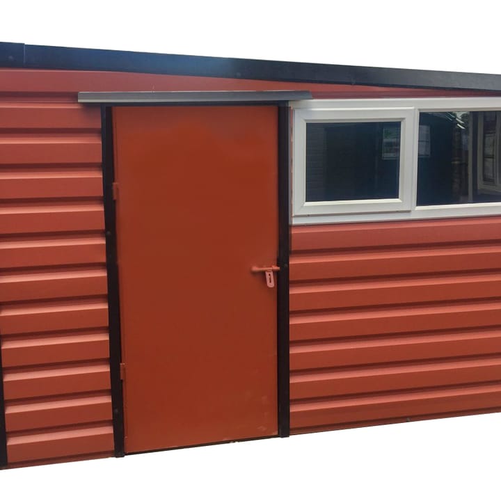 This Lifelong Pent is 10ft wide x 7ft deep and is finished in Terracotta colour. The door can be positioned on either the left or the right and can be hinged on either side.