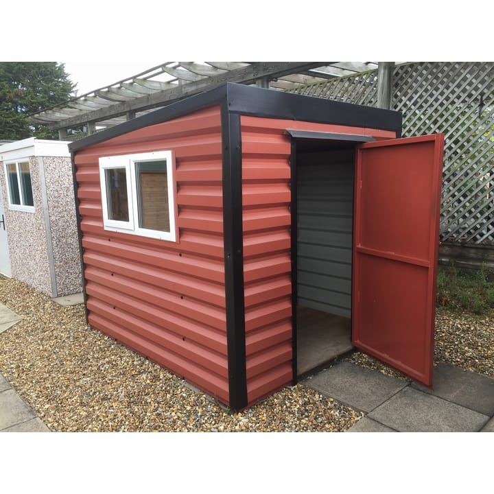 This Lifelong Pent is 8ft wide x 7ft deep and is finished in Terracotta colour. This building has had the optional extra of the door being moved to the side of the shed.