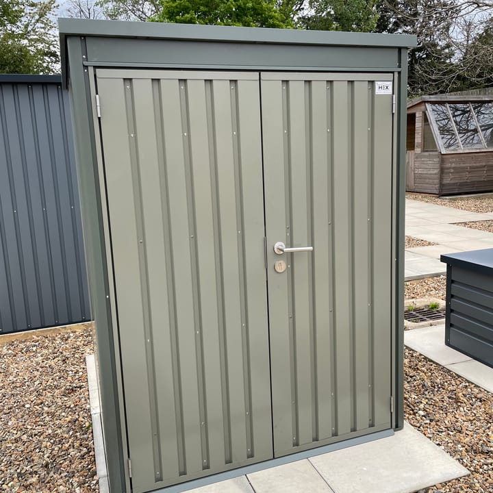Hex Hixon Storage shed shown here in Sage Green finish. Also available in Anthracite.