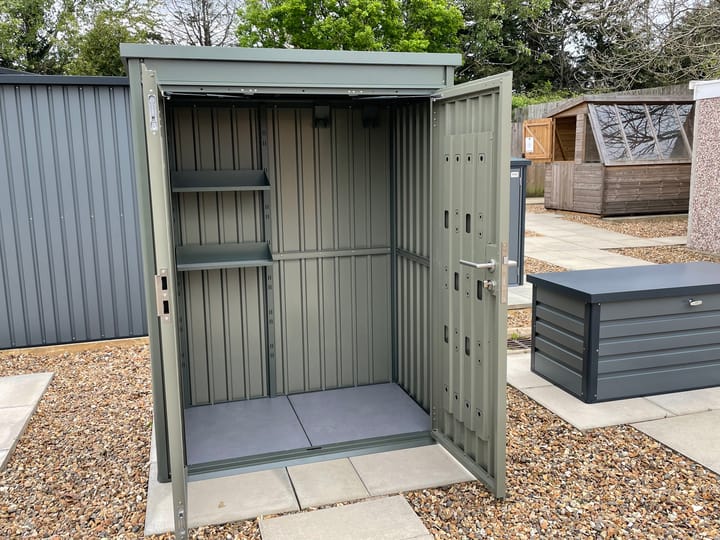 Hex Hixon Storage shed shown here in Sage Green finish. Also available in Anthracite.