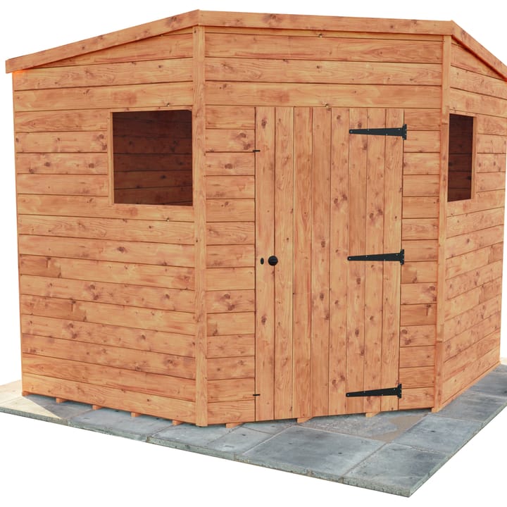 This 8ft x 8ft Bewdley Corner is constructed in Redwood. Two opening windows are included as standard with The Bewdley Corner Shed. 
