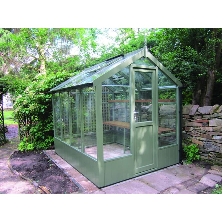 This 6ft x 8ft Swallow Kingfisher greenhouse has the optional '
Bracken' painted finish. Optional high level shelving and guttering has been added to this greenhouse.