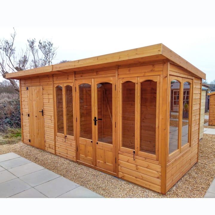 This 10x6 Stretton has had a 6x6 Shed extension making this a dual purpose building of both Summerhouse and Storage. Image shows the standard unpainted Redwood finish with arch top windows 