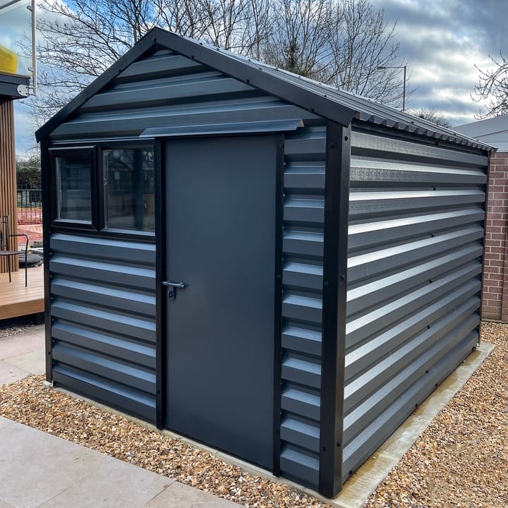 This Lifelong Apex is 8ft wide x 10ft long and is finished in Anthracite colour. The door can be positioned on either the left or the right and can be hinged on either side. The standard white upvc window has been upgraded to black upvc.
