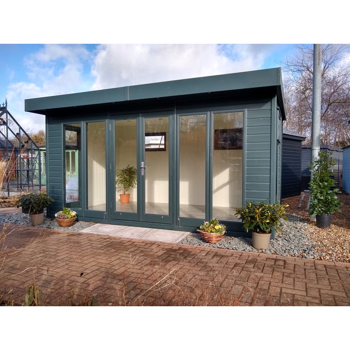 14ft x 8ft Malvern Studio Flat in optional Green Black painted finish. Optional laminate flooring and Painted mdf lining and insulation have also been selected.