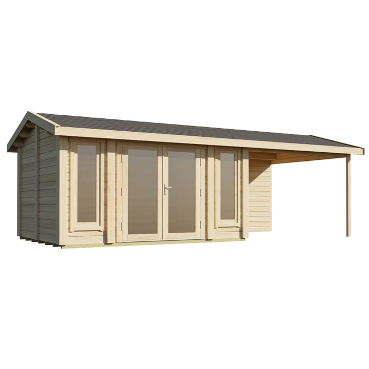 This image shows the Lillevilla Pavilion log cabin with Canopy 7m x 3m. The building includes a felt shingle roof and double glazed windows as standard.