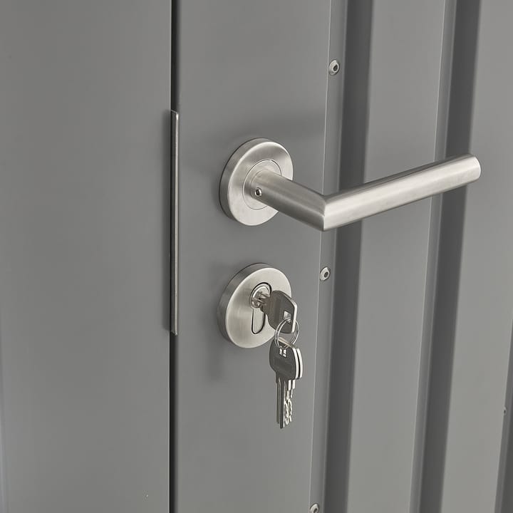 A stylish stainless steel door handle and key lock are included with each Hixon shed.