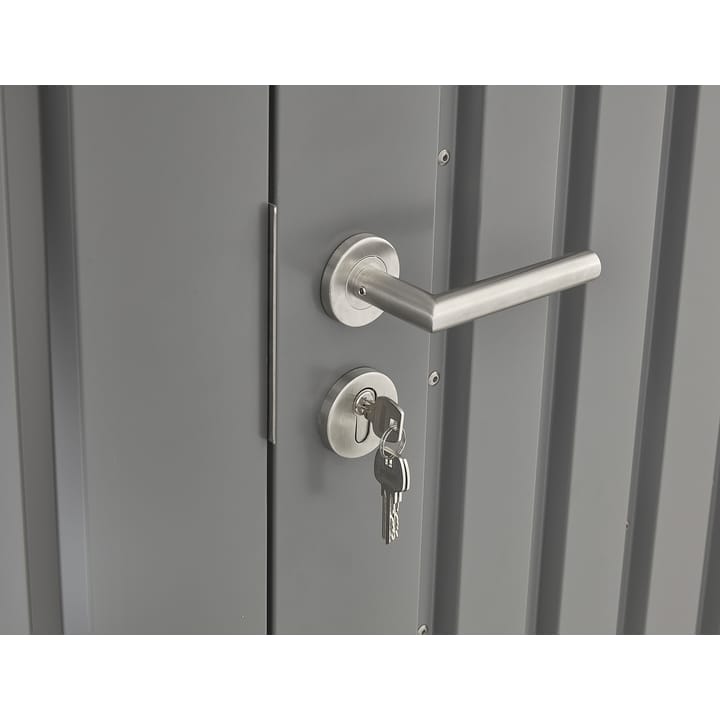 A stylish stainless steel door handle and key lock are included with each Hixon shed.