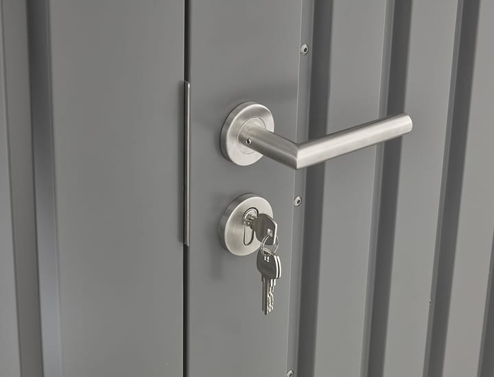 A stylish stainless steel door handle and key lock are included with each Weston shed.