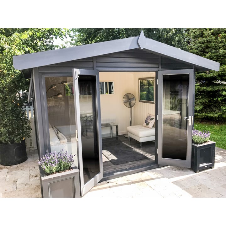 This contemporary looking 10ft x 8ft Studio Apex has the optional 'Graphite Grey' painted exterior finish added to the building. Completing the contemporary look is the optional tinted glass upgrade, painted mdf lining and insulation and a deluxe laminate floor.